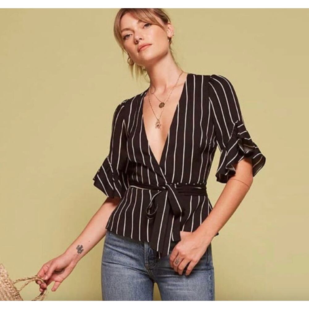 Reformation Ruffle sleeve Opal Striped Wrap Top in LUCIANO STRIPE XS